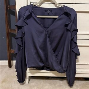 My Michelle Navy Ruffle-Sleeve Wrap Blouse